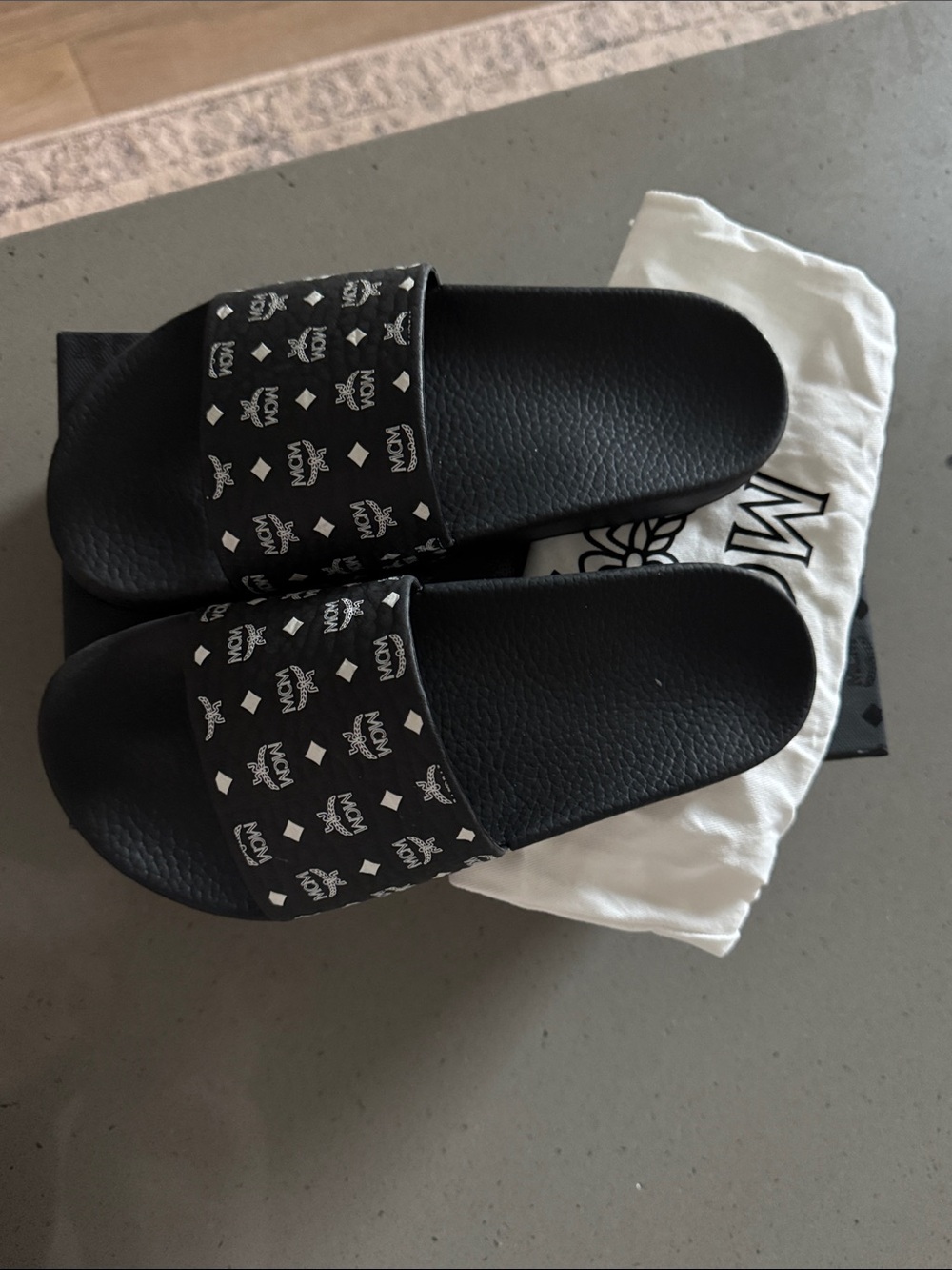 MCM Black Slide Sandals with White Monogram